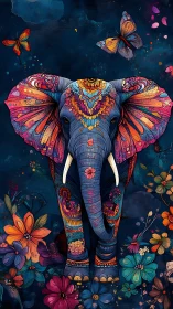 Chromatic mandala elephant with floral and lepidopteran field.