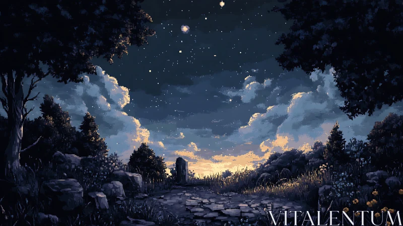 Starlit forest path opening gently toward a sleepy dawn sky.