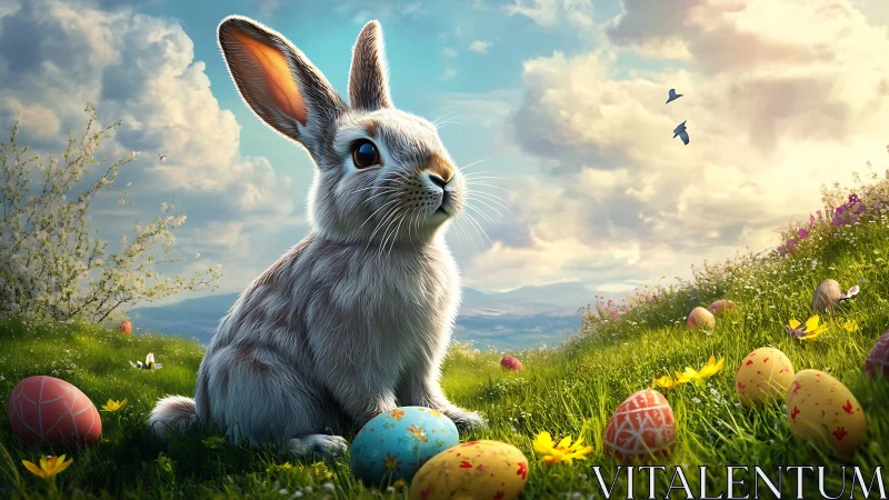 Spring meadow rabbit amid glowing painted Easter eggs.