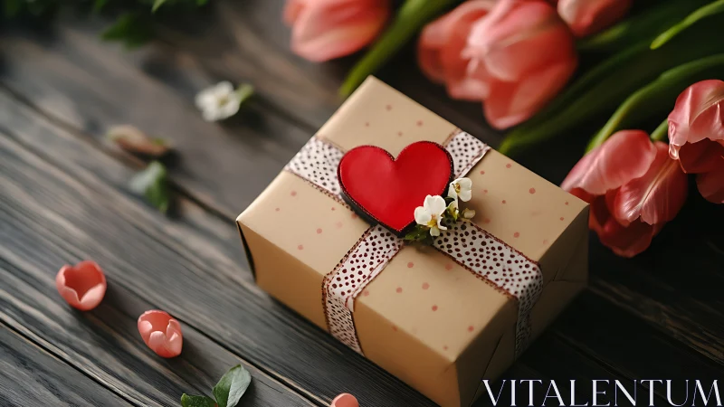 Gift box with heart detail among pink tulips on wood surface.