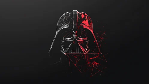 Polygonal dark helmet rendered with split red highlights