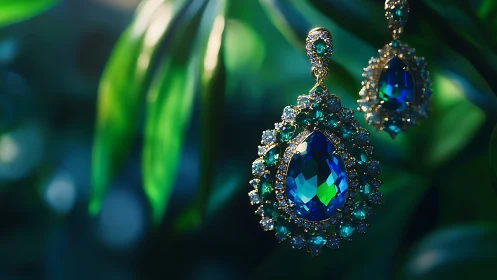 Emerald and sapphire drop earrings glow in selective macro light