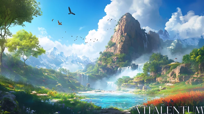 Verdant alpine valley with tiered waterfalls and turquoise lake