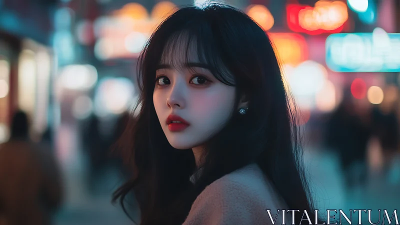 Digital portrait girl under neon city lights at night.