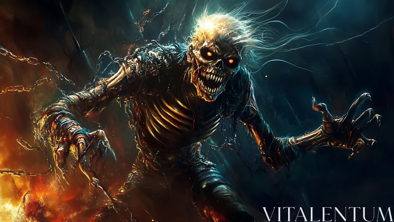 Firelit skeletal wraith racing through swirling storm light.