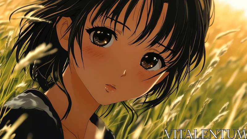 Sunlit anime girl in tall grass with reflective brown eyes.