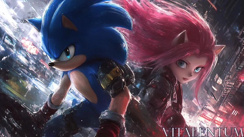 Neon-speed hedgehogs sprint through storm-lit cyber city.