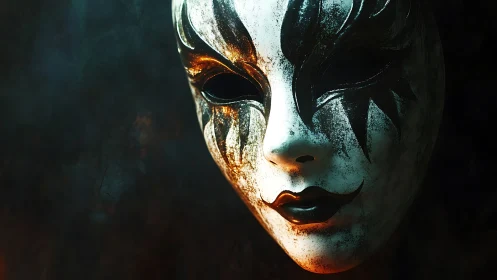 Digital painting of dramatic chiaroscuro masquerade mask portrait.