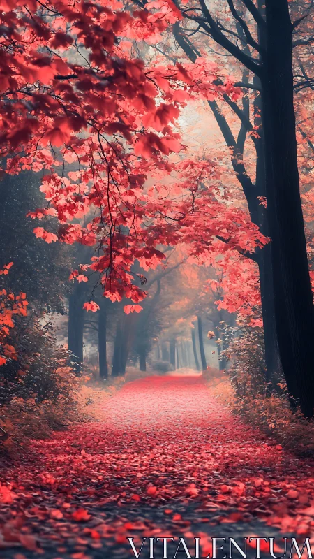 Crimson Forest Path Through Autumn Trees.