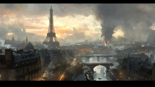 Cinematic digital painting of Parisian skyline in turmoil.