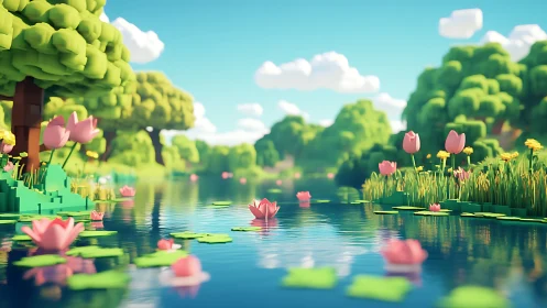 Low poly river landscape with pink lotus flowers in bloom.