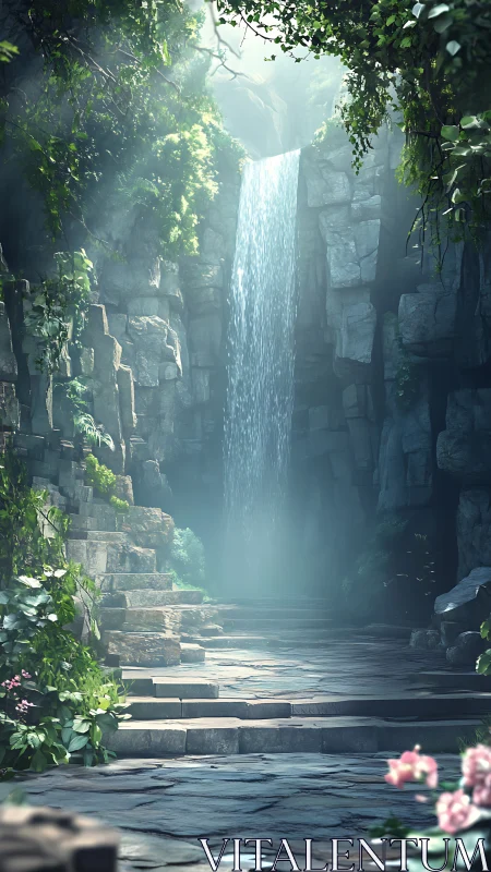 Ancient stone terrace before narrow mist-lit jungle waterfall