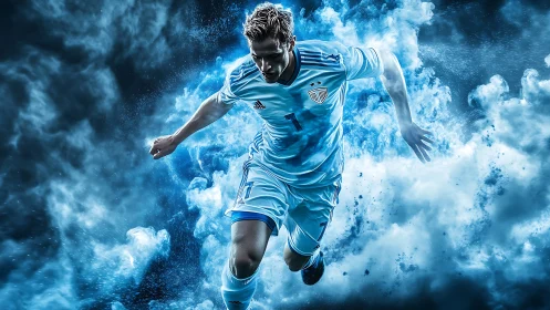 Dynamic soccer player in blue kit charging through smoke.