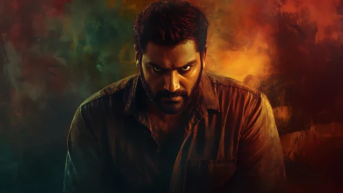 Intense male portrait amid bicolor atmospheric gradient field.