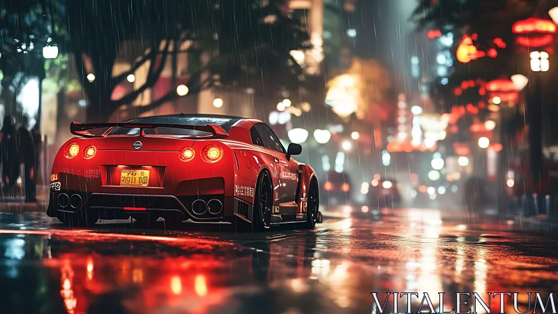 Rain-soaked red sports car glows warmly in neon city night
