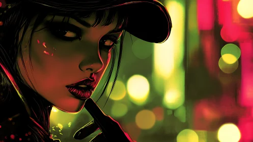 Neon-lit femme fatale in moody cyberpunk portrait at dusk.