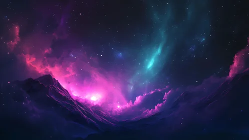 Dreamlit cosmic horizon over quiet violet mountains.
