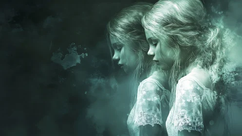 Dual side profile of young girl in soft green tones.