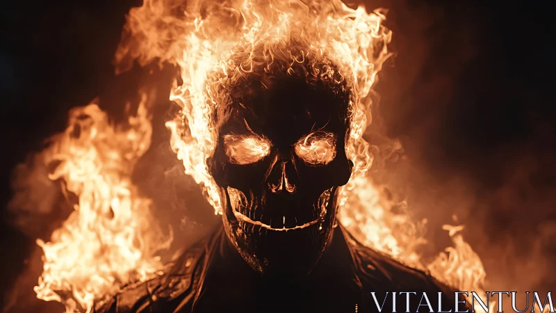 Flaming skull figure with leather jacket in dark background.