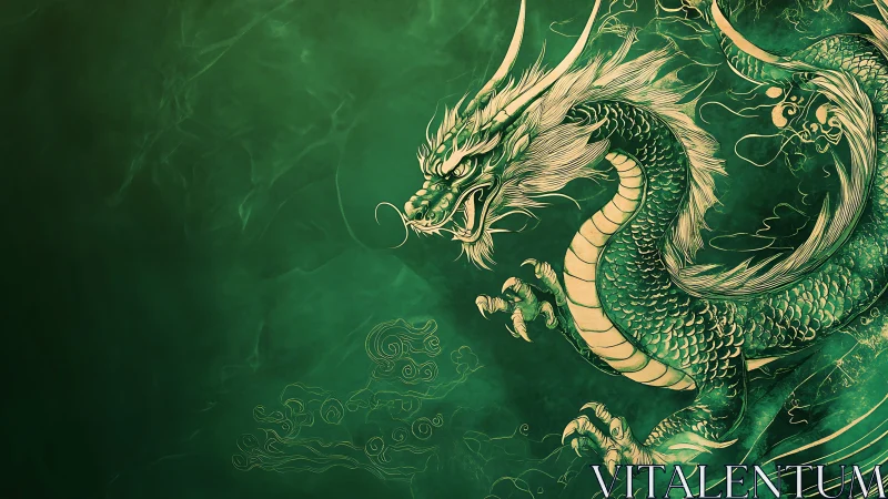Green serpentine dragon illustration on textured backdrop.