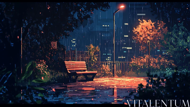 Soft rain settles over a quiet park bench under warm light