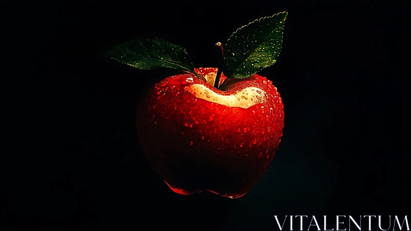 Dramatic close-up red apple with dew on black background.