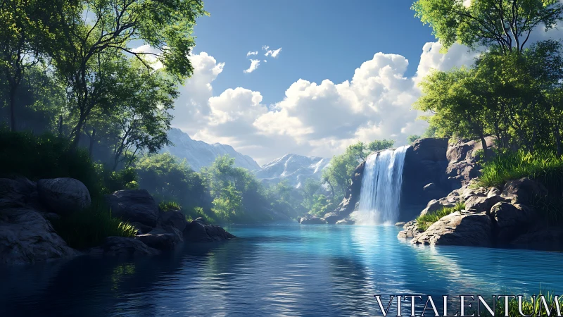 Sunlit alpine waterfall cascades into crystalline forest lake