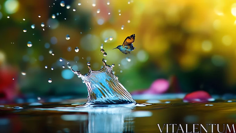 Vivid digital splash with butterfly over luminous water.