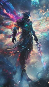 Celestial knight strides through prismatic cosmic storm