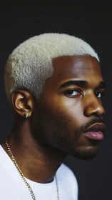 Close portrait of man with blonde cropped hair and chain.