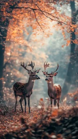 Two spotted deer standing alert in soft autumn forest light.