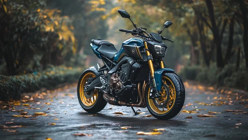 Modern naked street motorcycle stands on wet tree-lined road
