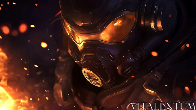 Armored soldier with burning visor stands in drifting sparks
