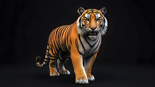 Realistic 3D Tiger Render on Black Background, Digital Art Style.