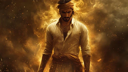Fiery warrior in golden embers with intense cinematic aura.