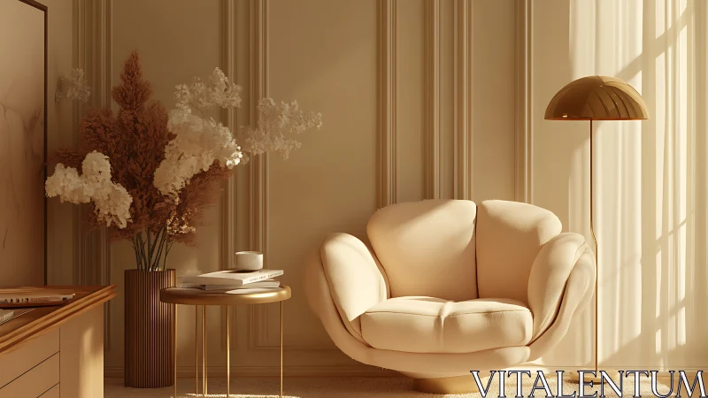 Cream lounge chair anchors warm minimalist reading corner