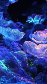 Bioluminescent coral forest with glowing jelly blooms.