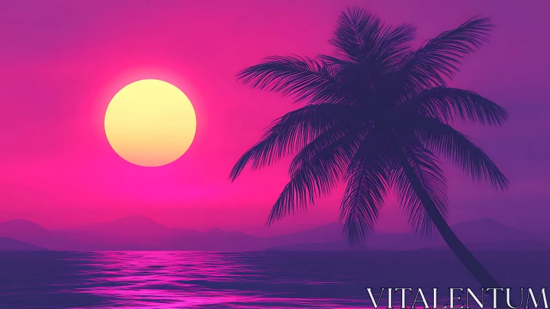 Palm silhouette against stylized magenta coastal sunset.