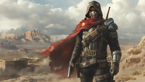 Post-apocalyptic ranger in desert ruins, cinematic concept art.