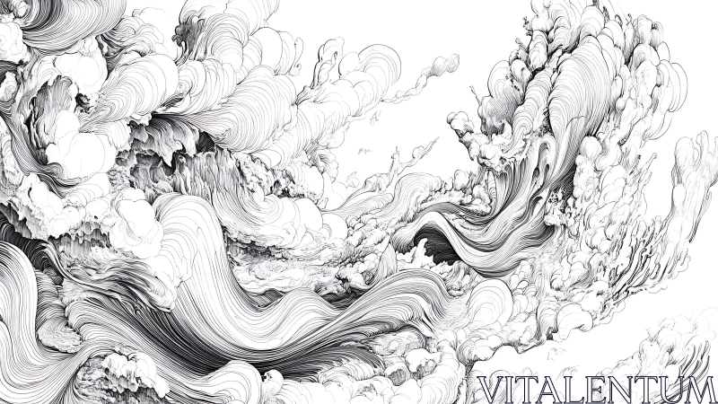 Flowing black ink wave lines form dense abstract cloud mass.