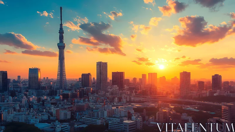 Tokyo urban skyline with broadcast tower at vivid sunset.