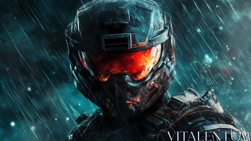 Armored sci fi soldier in rain with illuminated visor.