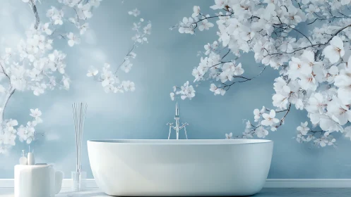 Minimal oval bathtub set against blossom mural wall.