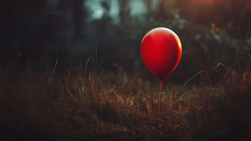 Red balloon stands in tall grass under low evening light