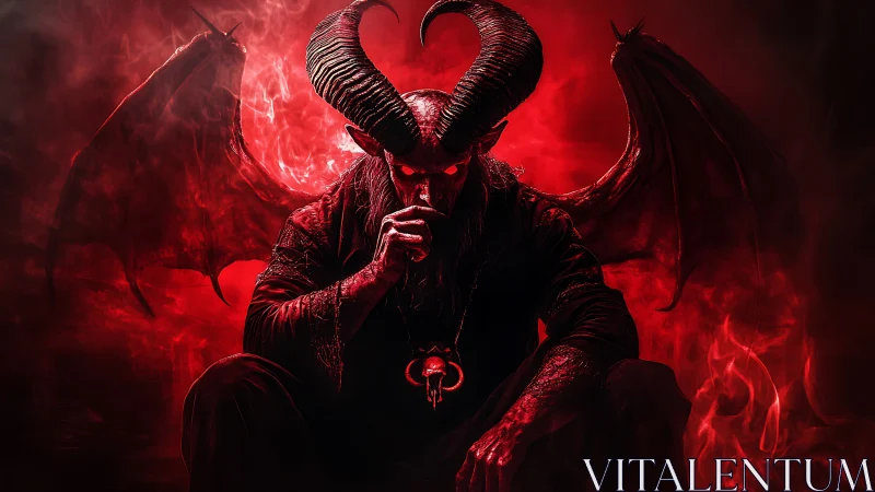 Brooding horned demon sits in swirling red infernal smoke