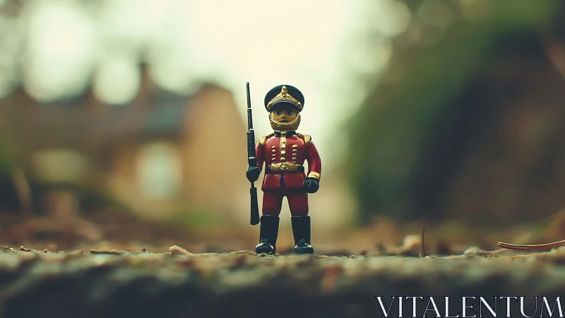 Toy soldier figure stands on ground with blurred background