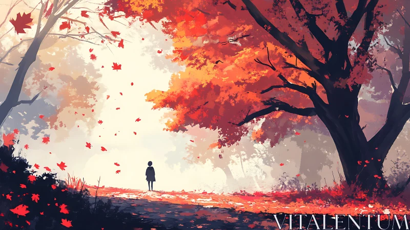 Backlit autumn forest corridor frames solitary silhouetted figure