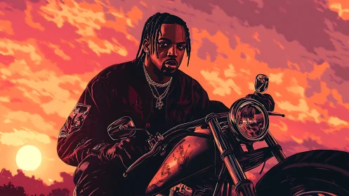 Digital painting of biker portrait against neon sunset sky.