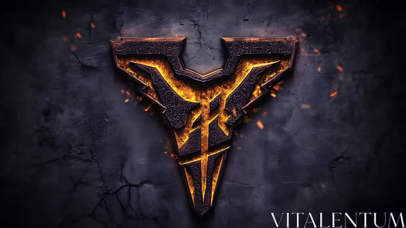 Molten metallic emblem on scorched cracked stone wall.