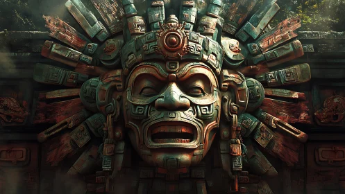 Stone Aztec-style temple mask sculpture dominates jungle wall